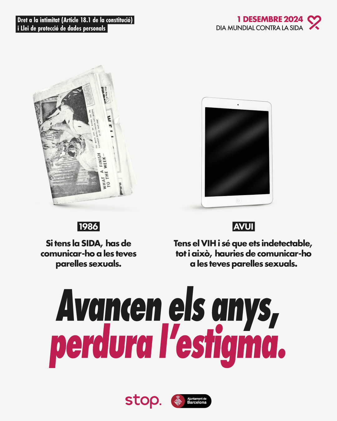 El VIH no té les implicacions que tenia als anys 80. Això es deu, en part, als avenços mèdics i farmacològics. Tot i això, les percepcions de la societat sobre el VIH continuen atrapades al passat i es continuen vulnerant els nostres drets. Per això llancem el següent missatge: Avancen els anys, perdura l’estigma.